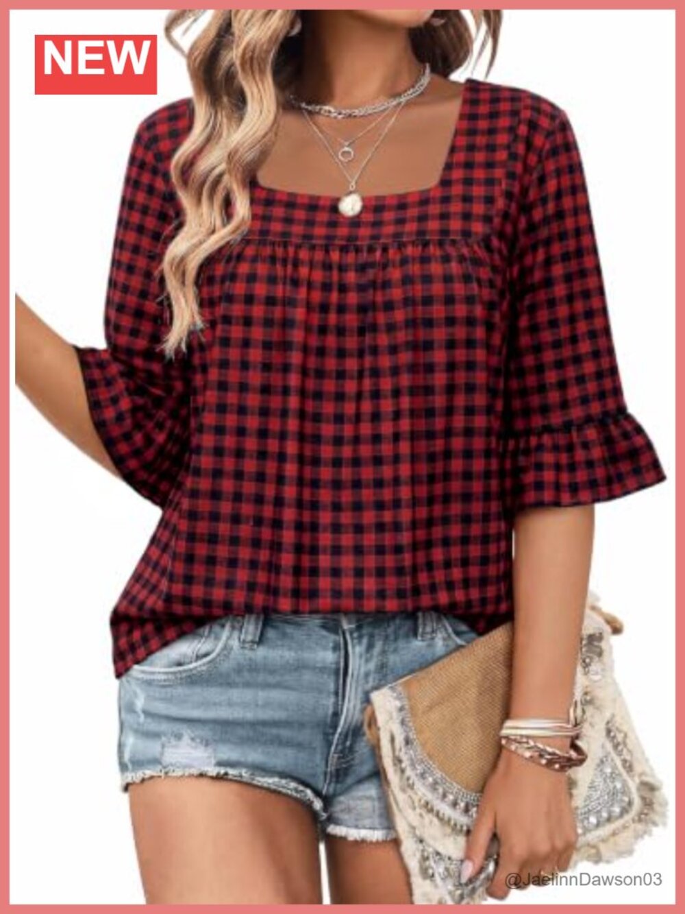 Womens 3/4 Sleeve Square Neck Ruffle Blouse Dressy Casual Tunic Top